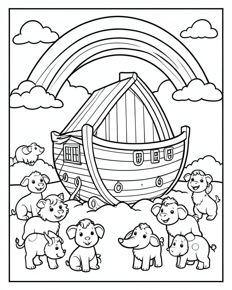Coloring page of Noah's Ark with animals and a rainbow