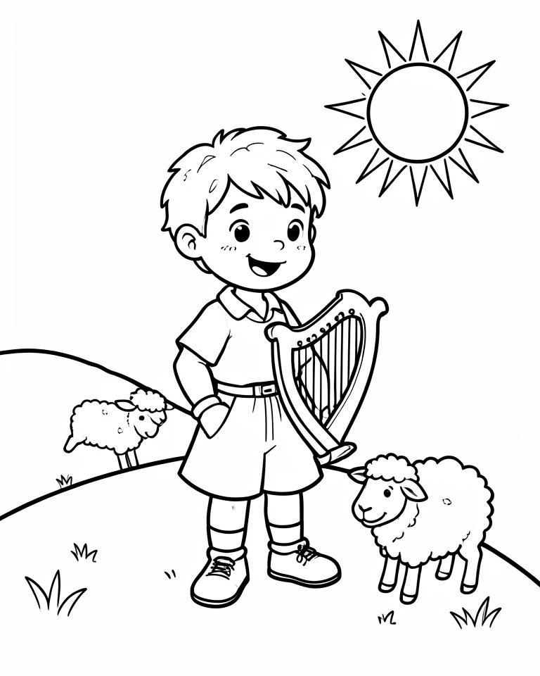 Coloring page of a shepherd boy with a harp and sheep