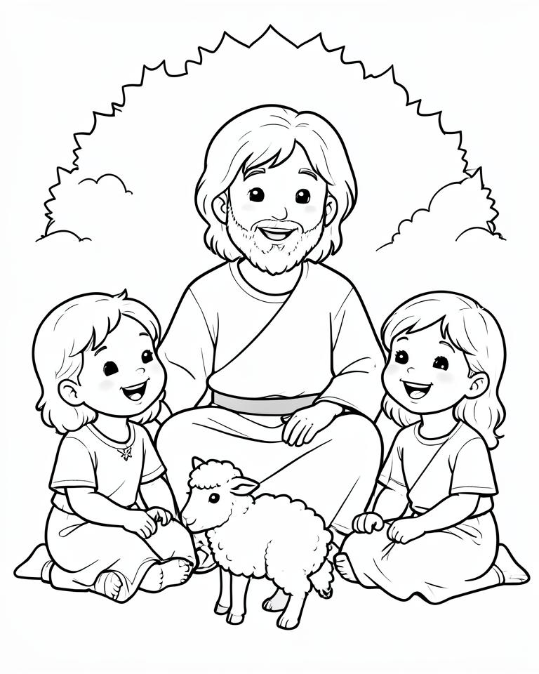 Coloring page of Jesus sitting with children and a lamb